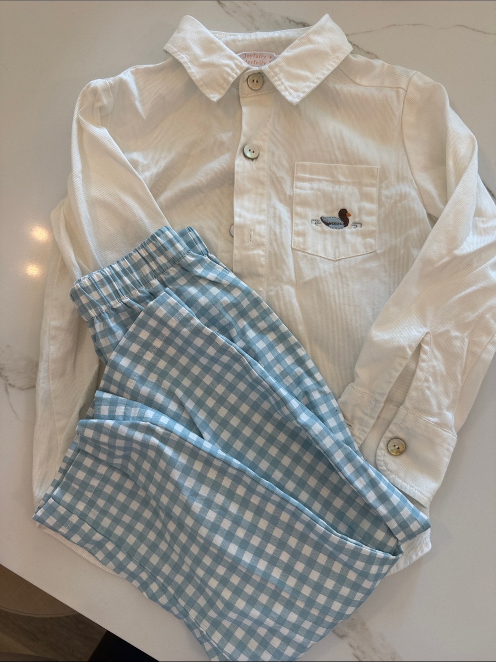 Classic White Button-Front Shirt & Blue Gingham Pants Kids Matching Set